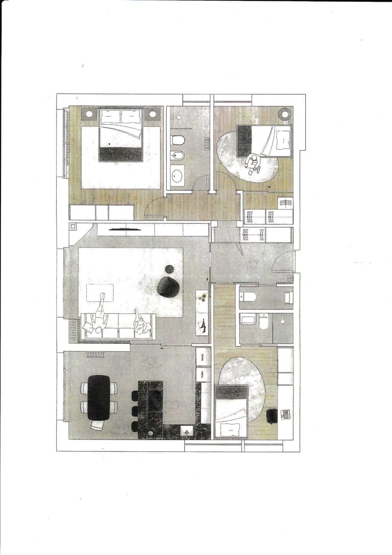 Floor plan of a modern apartment featuring a living room, dining area, kitchen, three bedrooms, and two bathrooms. The layout includes a central living space with a circular feature, a dining area with a table and chairs, and a kitchen with appliances.