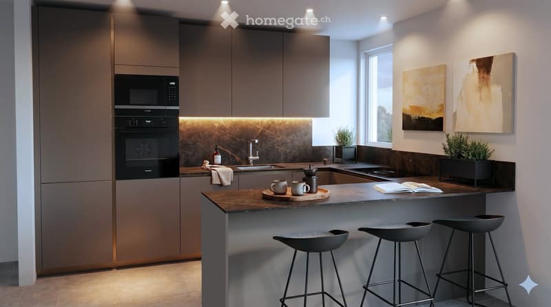 Modern kitchen with grey cabinets, stainless steel appliances, a central island with bar stools, and a marble backsplash.