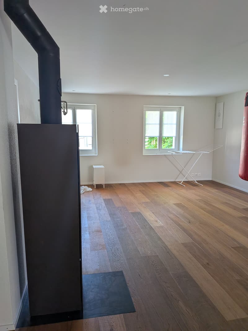 Empty room with wooden flooring, white walls, and large windows. Features include a radiator, a small black rug, and a white drying rack near the windows.