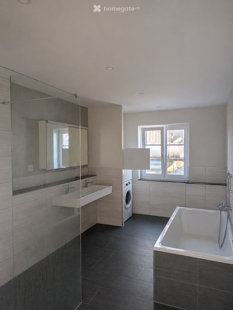 Modern bathroom with a large window, double sink, bathtub, and a washing machine. Features include a glass shower enclosure, dark tiled floor, and light-colored walls.