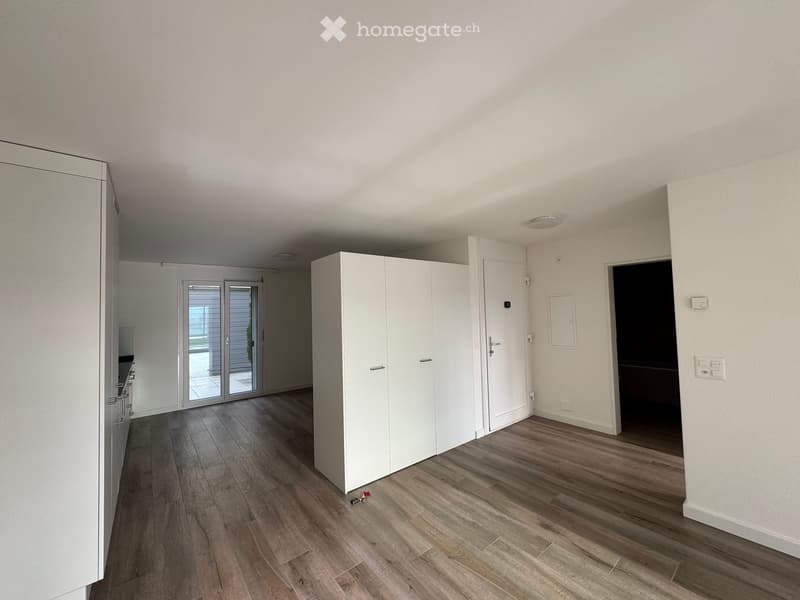 Empty room with wooden flooring, white walls, and built-in white closet units. A sliding glass door leads to an outdoor area.