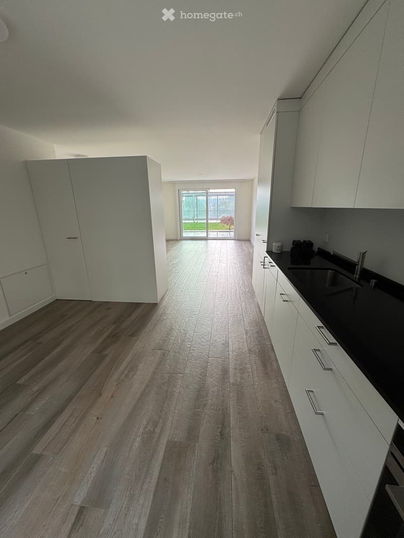 Empty hallway with wooden flooring, white walls, and a sliding glass door leading to an outdoor area. Kitchen cabinets and a sink are visible on the right side.