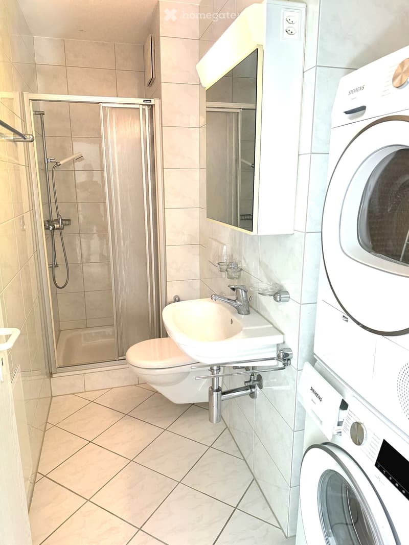 Modern bathroom with beige tiles, a toilet, a sink with a faucet, a shower area with a glass door, and a Siemens washing machine.