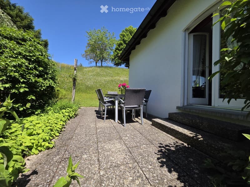Outdoor patio area with a small table, chairs, and a flower pot, adjacent to a house with a grassy hill in the background.
