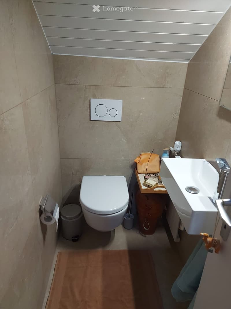Compact bathroom with a toilet, sink, and small wooden shelf holding a handbag and toiletries. Beige tiled walls and wooden floor.