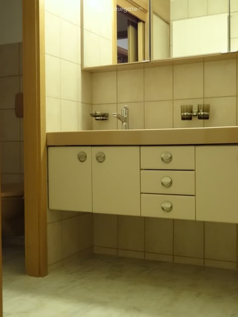 Modern bathroom with a sink, faucet, mirror, and light-colored cabinets with chrome handles.