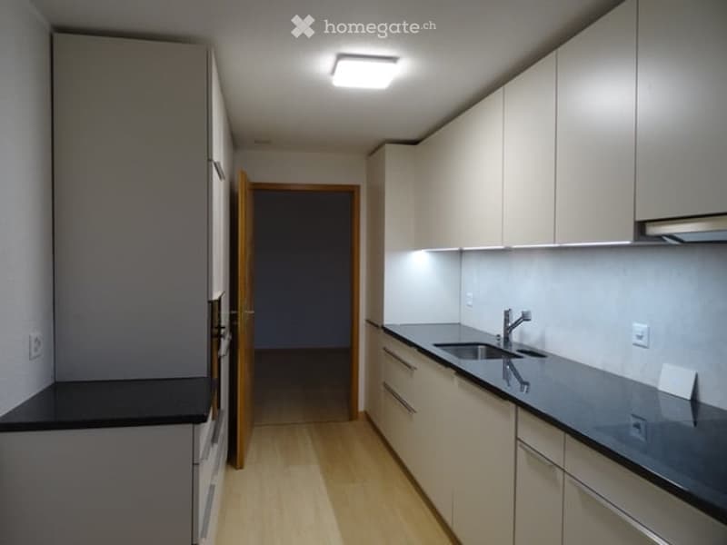 Modern kitchen with light-colored cabinets, dark countertops, and a stainless steel sink. The space features a wooden floor and recessed lighting.