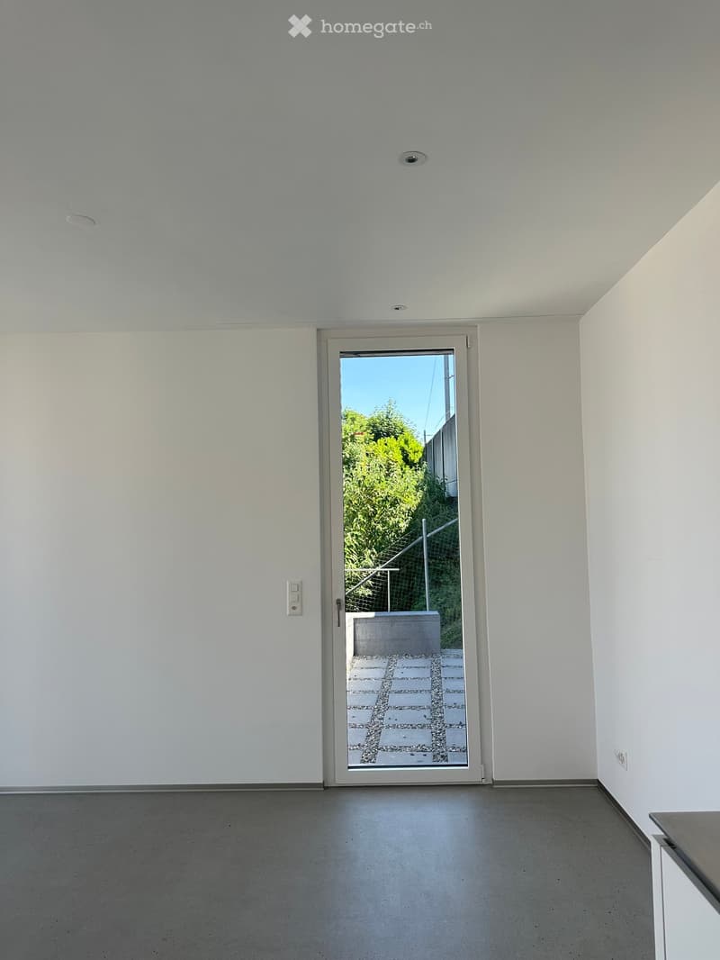 Empty room with white walls, concrete floor, and a large glass door leading to an outdoor area with greenery visible.