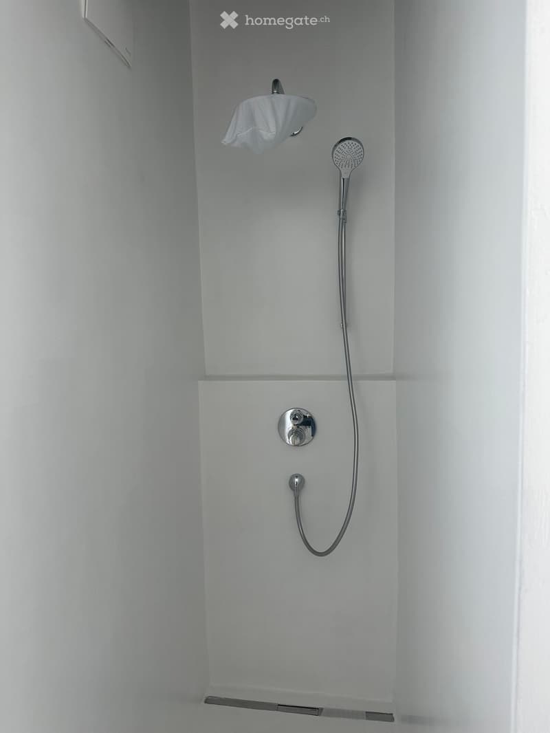 Modern shower area with white tiled walls, a handheld showerhead, a fixed showerhead, and a chrome faucet.