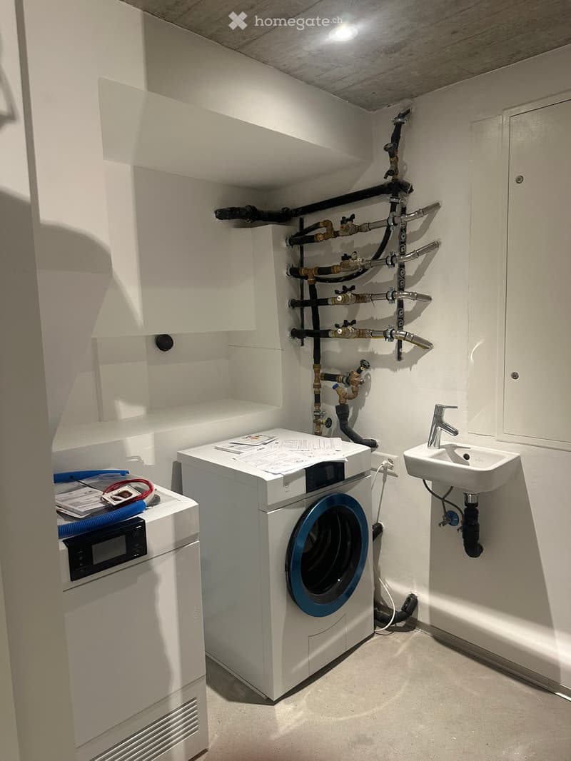 Compact bathroom with a washing machine, sink, and various pipes and valves on the wall.