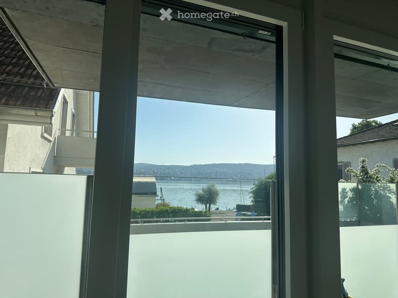 Balcony with large windows overlooking a scenic lake and distant hills, modern design with clean lines and a wooden ceiling.