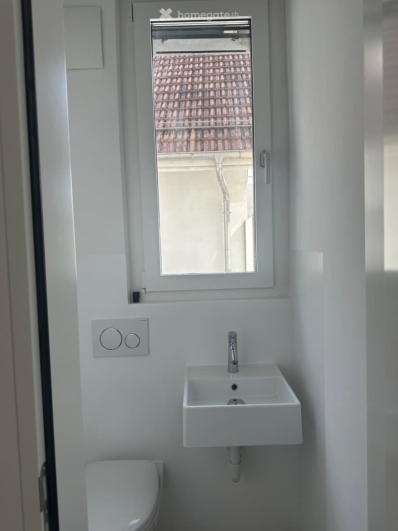 Modern bathroom with a white wall-mounted sink, chrome faucet, and a toilet. A window with a view of a tiled roof is above the sink.