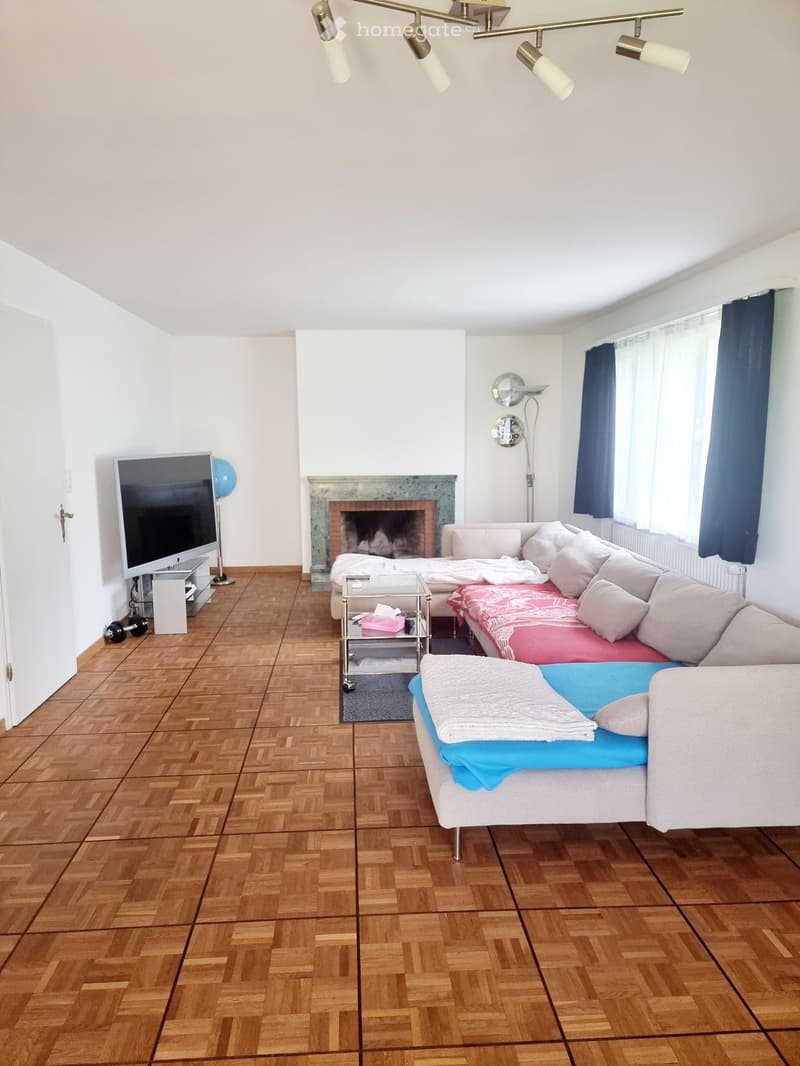Living room with wooden flooring, fireplace, sofa, coffee table, television, and floor lamp.
