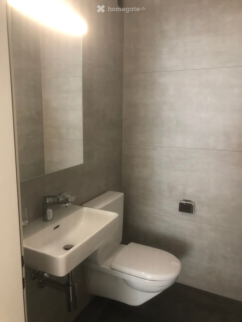 Modern bathroom with a white sink, chrome faucet, and toilet. Light grey tiled walls and dark floor.