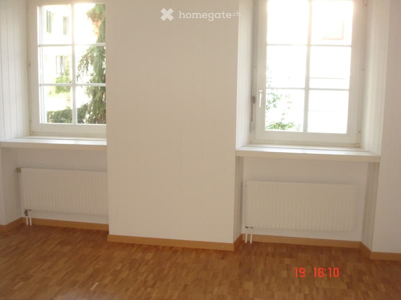Empty room with wooden flooring, white walls, and two windows with radiators beneath them.