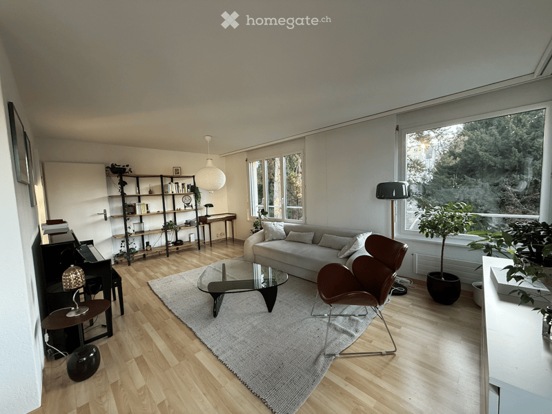 Gray sofa, large glass window, carpet, coffee table, armchair, plants, chandelier, piano