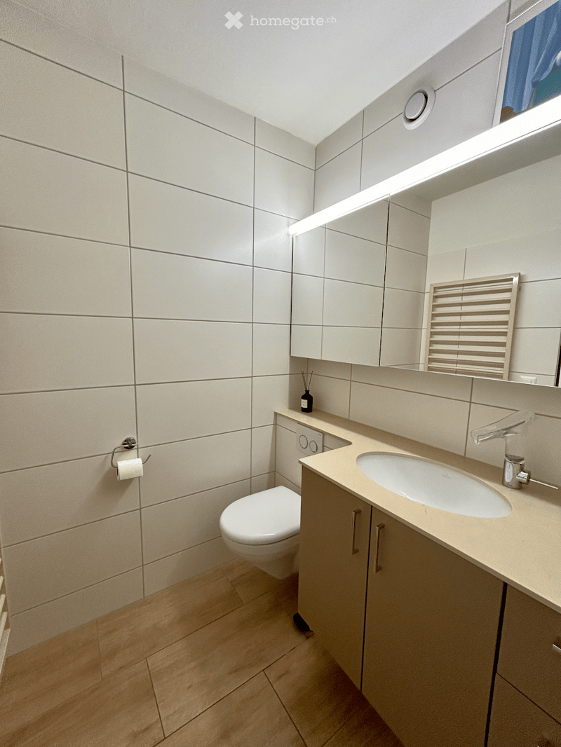 modern bathroom with white tiles, wooden floor, white toilet, sink, mirror, white cabinets, and a large window