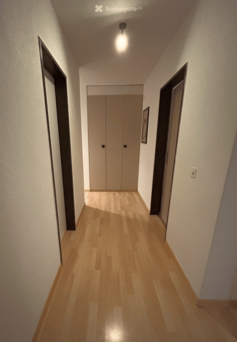Empty hallway with wooden floor, white walls, three doors, and a double cabinet