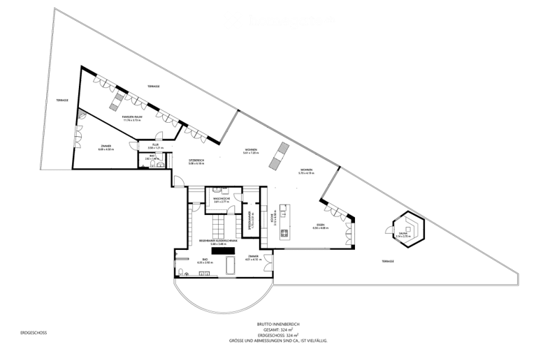 Entrance hall, bathroom, 4 bedrooms, kitchen, living room, office, bedroom, sauna, 2 terraces