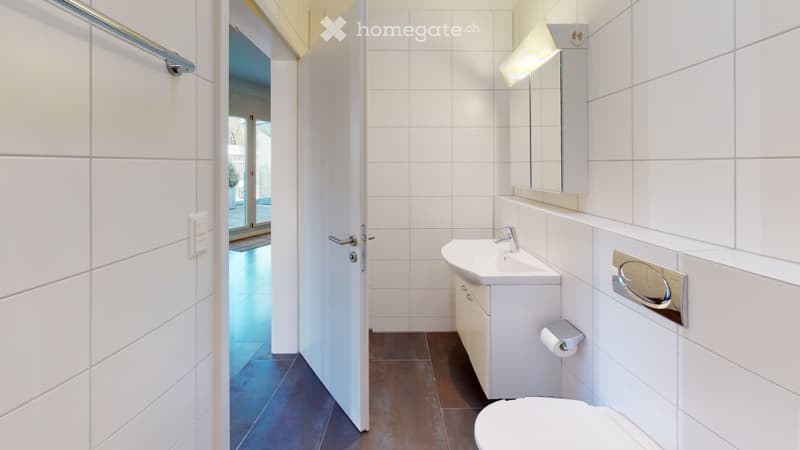 white tiles, white vanity, silver faucet, silver mirror, white toilet, wall mounted toilet paper holder