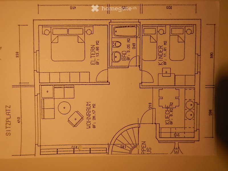 Floor plan showing a living room, dining room, kitchen, two bedrooms, and a bathroom.
