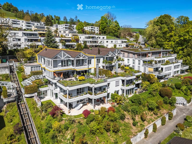 Aerial view of a modern residential complex with multiple houses, balconies, and landscaped gardens.