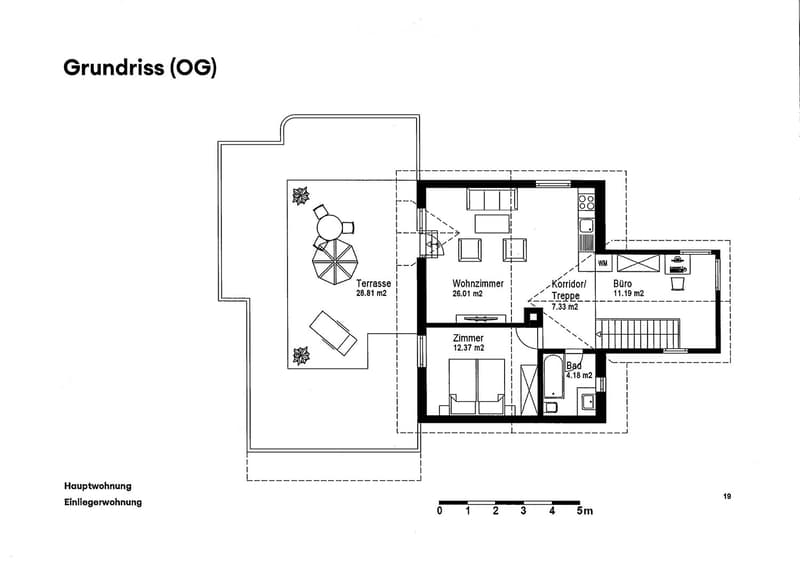 Floor plan of a ground floor (OG) showing a living room, bedroom, bathroom, office, hallway, and terrace.
