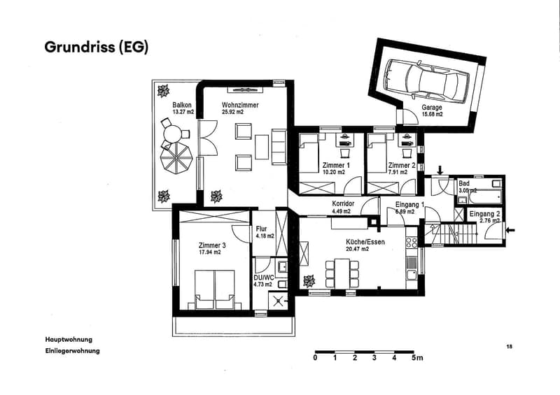 Ground floor layout showing living room, kitchen/dining area, three bedrooms, bathroom, hallway, balcony, garage, and two entrances.