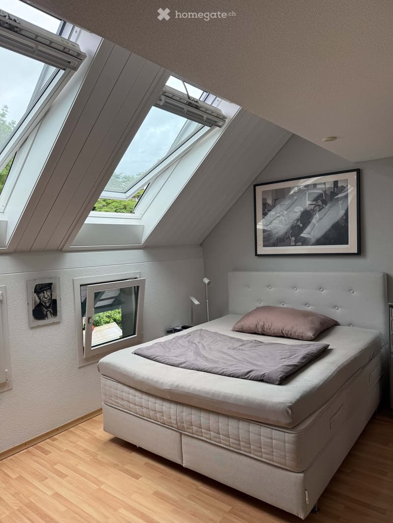 Cozy attic bedroom with wooden flooring, large skylights, a single bed with pillows, and artwork on the walls.