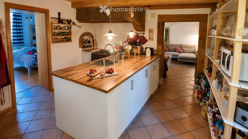 {"type": "Furnished Room", "objects": ["kitchen island", "sink", "faucet", "stove", "microwave", "toaster", "cupboard", "shelf", "sofa", "pillow", "table", "chair", "flower vase", "cutting board", "bread", "strawberry", "cup", "bottle", "faucet", "oven",