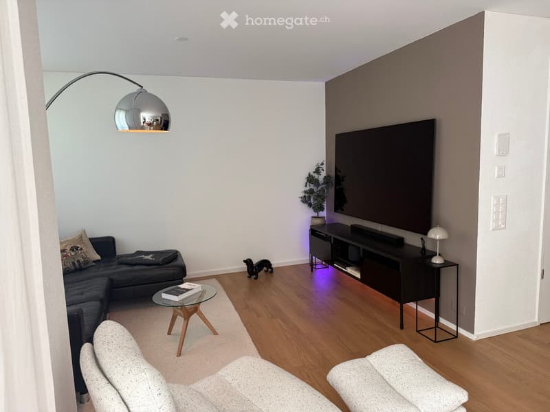 Modern living room with hardwood floors, a black sectional sofa, a glass coffee table, two white armchairs, a TV on a black stand, a floor lamp, and a small plant.