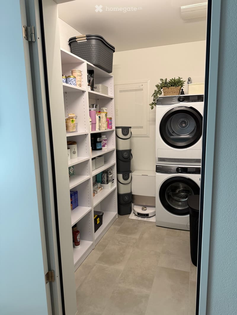 Well-organized laundry room with a front-loading washing machine, white shelves filled with various items, and a small plant on top of the washing machine.