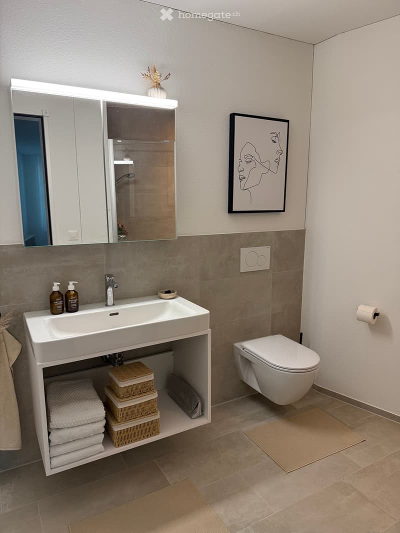 Modern bathroom with a white sink, mirror, toilet, and storage cabinet. Includes towels, wicker baskets, and a decorative picture frame.