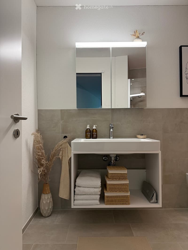 Modern bathroom with a white sink, large mirror with built-in lighting, and storage underneath containing towels and baskets. A decorative vase with dried plants is placed on the floor next to a folded towel.