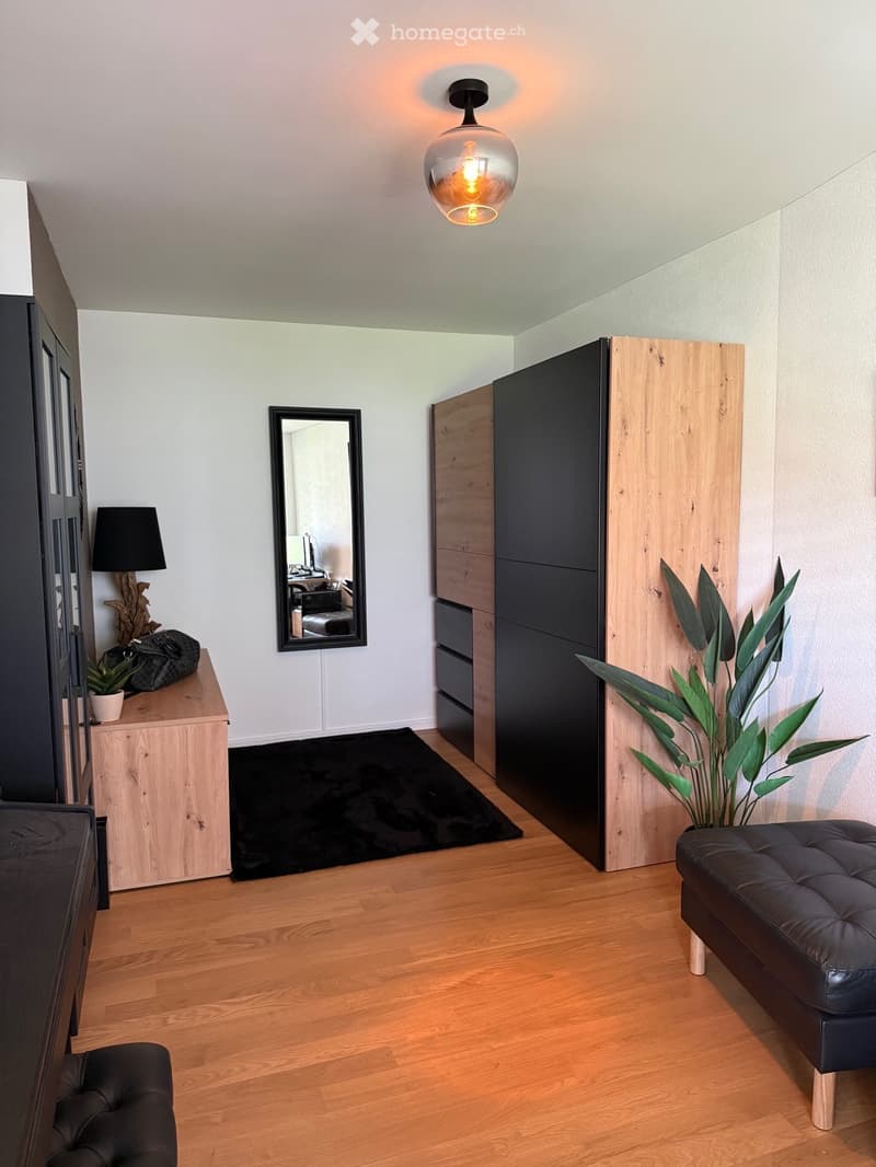A modern, well-lit room with wooden flooring, a black rug, a leather stool, a mirror, a small table with a lamp, and a tall plant in a pot.