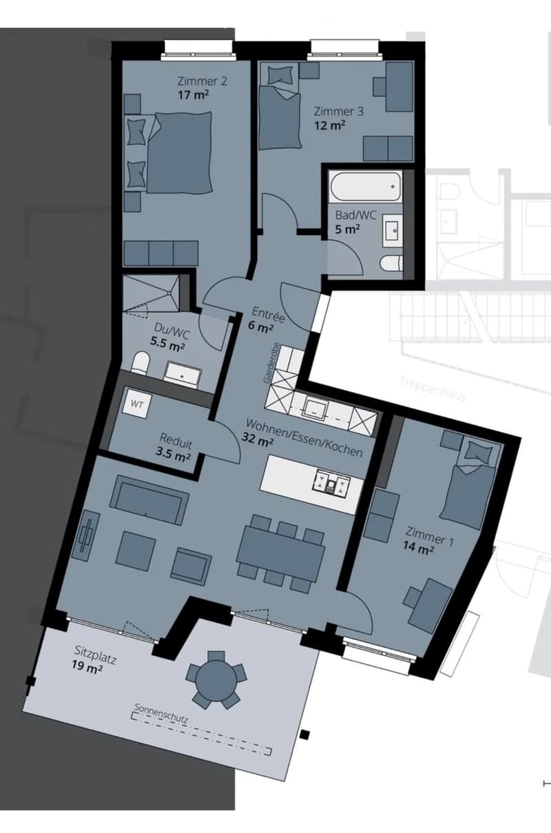 Floor plan of a residential unit with multiple rooms including living/dining/kitchen area, three bedrooms, two bathrooms, entrance, and a sun-protected seating area.