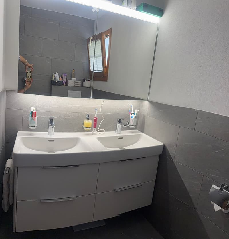 Modern bathroom with a double sink, sleek grey cabinetry, and a large mirror above the sink. Toothbrushes, toothpaste, and other toiletries are visible on the countertop.