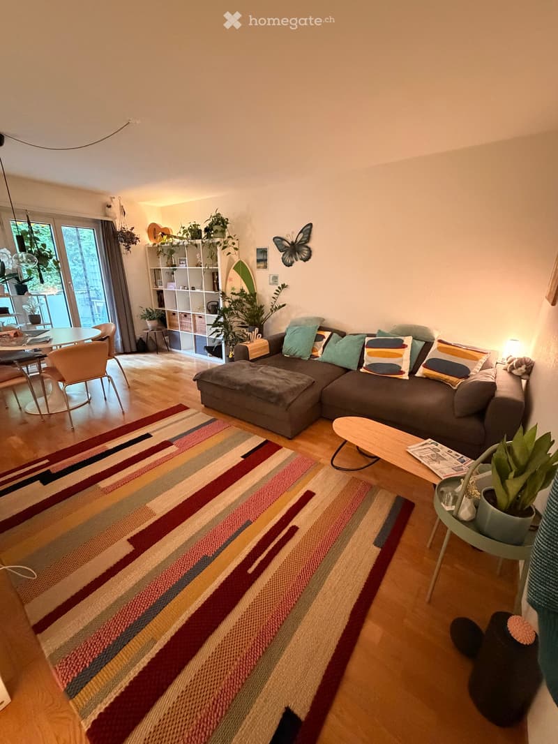 Modern living room with a grey sectional sofa, colorful throw pillows, a wooden coffee table, a striped rug, and a dining area with chairs and a table. There are plants, a guitar, and a shelf with decorative items.