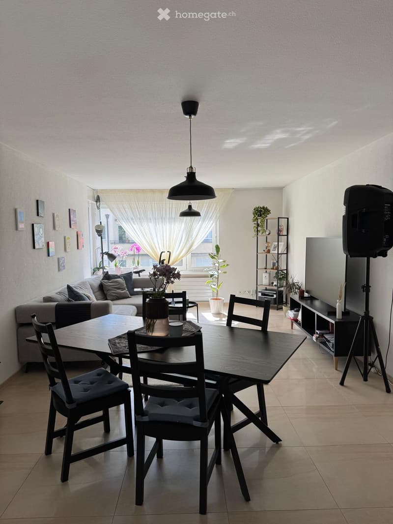 Modern living and dining area with a sofa, dining table, chairs, pendant lights, shelves, plants, and a screen on a tripod.