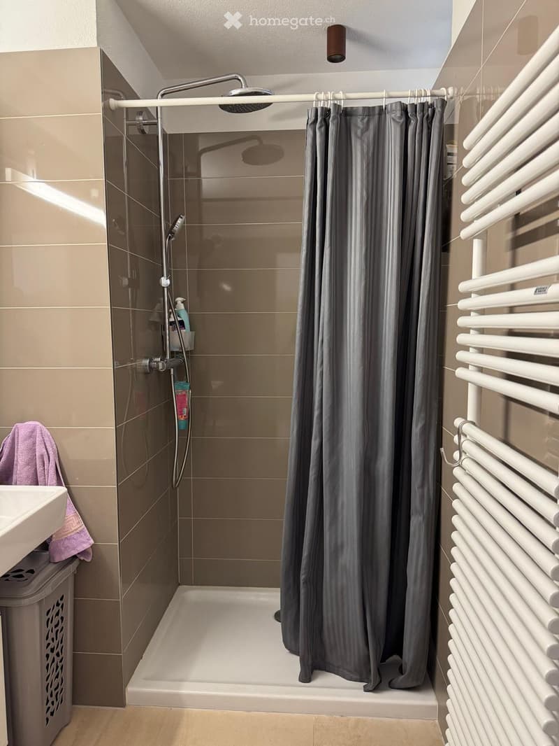 Modern bathroom with a walk-in shower, grey shower curtain, white radiator, sink, and a purple towel draped over the sink.