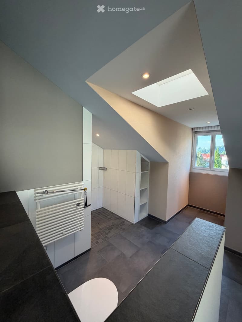 Modern bathroom with a toilet, radiator, built-in cabinet, and a large window offering a view of the outdoors.