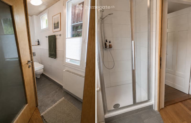 Bathroom. Modern bathroom with a toilet, sink, shower, and bathtub. Features include a towel, picture frame, radiator, and a shower with a hose and head.
