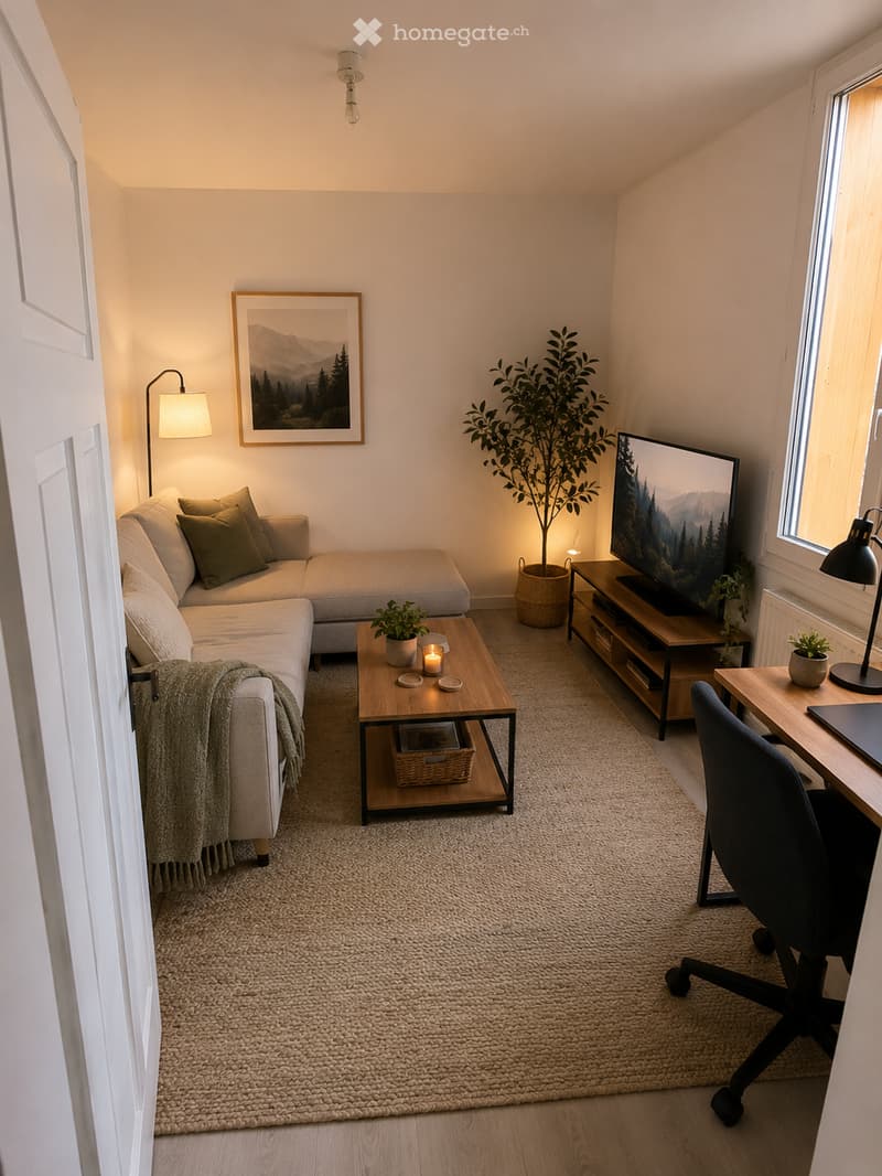 Furnished Room. A cozy living room with a sectional sofa, coffee table, TV stand, desk, and various decorative items including plants and artwork.