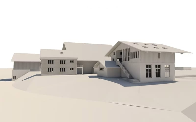 3D rendering of a modern residential complex with multiple buildings, including a garage, raised ground floor, and staircase leading to an upper level.
