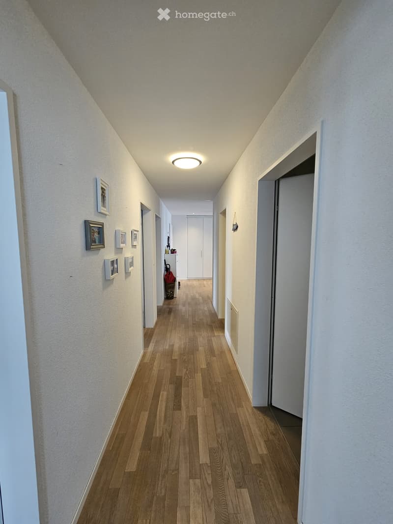 A narrow hallway with wooden flooring, white walls, and several framed pictures on the left side. A round ceiling light illuminates the space, and there are open doors leading to other rooms.
