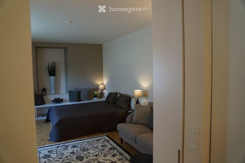 A cozy, compact living space with a sofa, bed, small table, and decorative items including a vase and lamps.