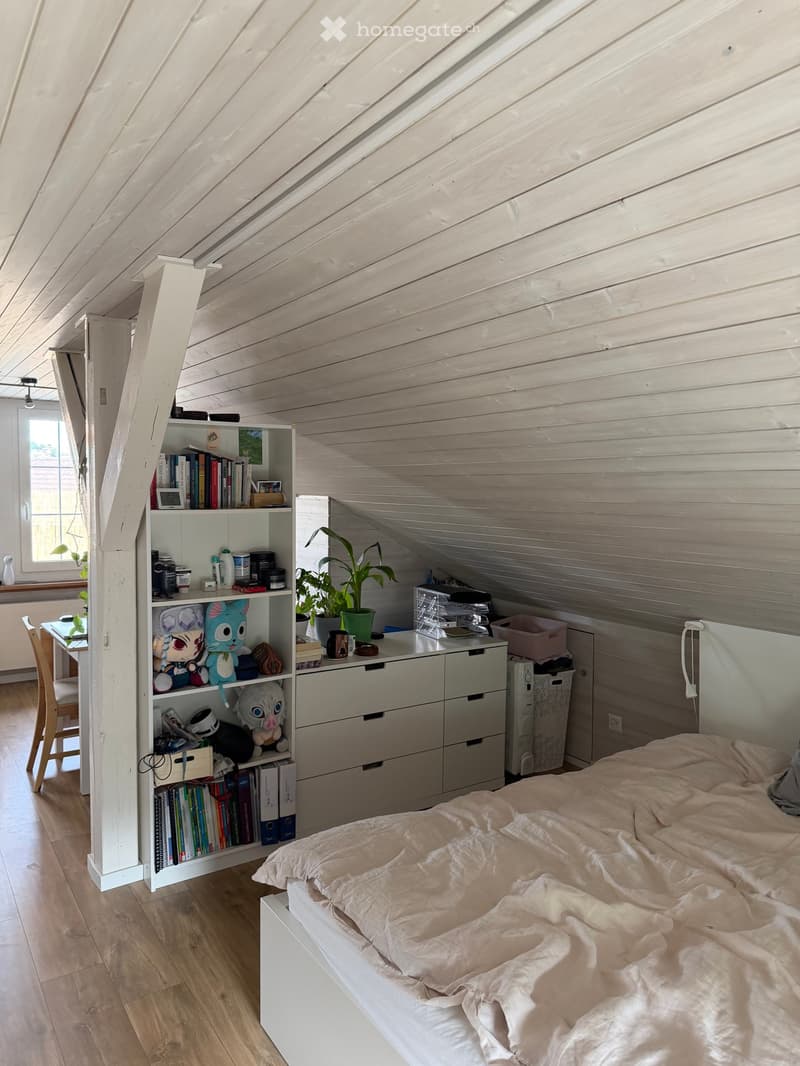 Cozy attic bedroom with slanted wooden ceiling, bed, bookshelf, small table, chair, and potted plant.