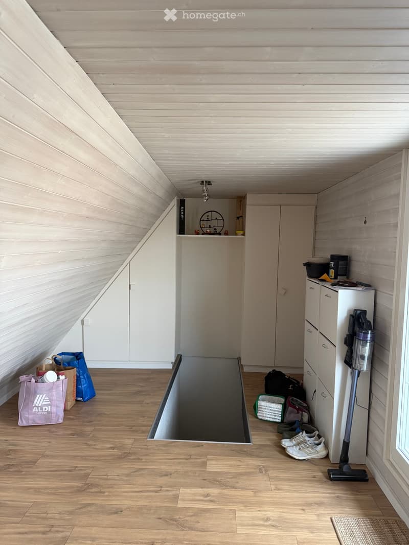 A small, raised ground floor room with wooden flooring, white walls, and built-in cabinets. A vacuum cleaner, bags, and shoes are placed on the floor.