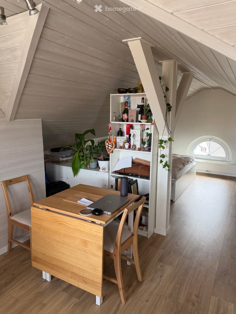 Cozy attic room with wooden walls and slanted ceilings. Features a desk with a laptop, a bookshelf filled with books and decorative items, a bed tucked into the corner, and potted plants adding greenery.