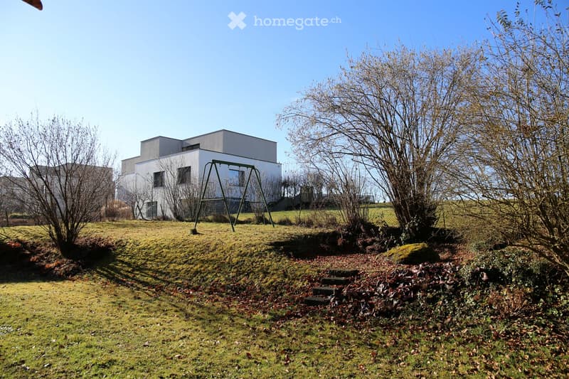 A grassy outdoor area with a modern building in the background, featuring a swing set and bare trees.
